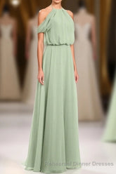 Sage Green Chiffon Halter Blouson-Style Long Bridesmaid Dress